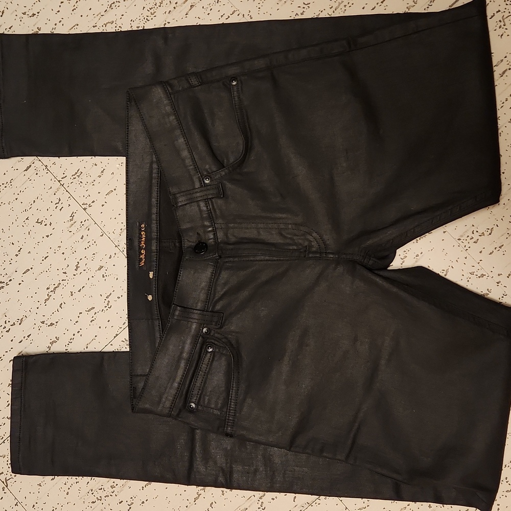 Nudie Jeans Co Black Wax Coated Stretch Slim Tapered Fit Denim Jeans